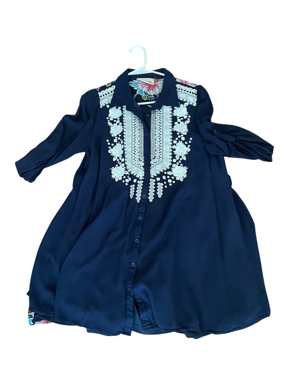 Navy Embroidered Button-Front Top